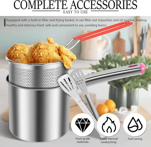 Miniatura 8 de Olla para freír con cesta coladora, olla de acero inoxidable con tapa y asa, mini freidora de aceite de 1.8 litros, freidora portátil, freidora