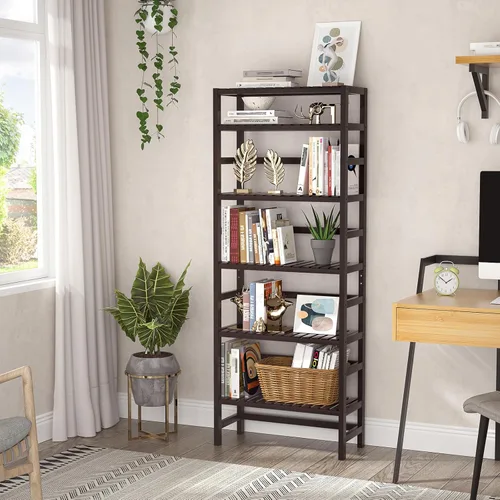 Miniatura 7 de Homykic Estanterías y estanterías de bambú de 6 niveles, estante organizador ajustable de 63.4 pulgadas de alto, estante organizador de estantería