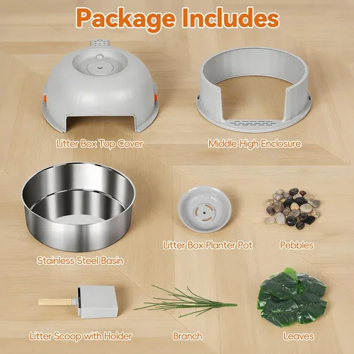 Miniatura 8 de Caja de arena oculta para gatos con planta artificial, muebles de acero inoxidable, maceta redonda decorativa incluye cuchara, guijarros, filtro