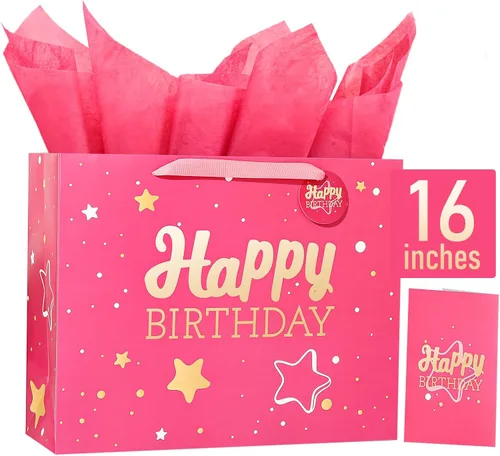 Miniatura 37 de Powbrace Bolsa de regalo de cumpleaños negra con papel de seda y tarjeta de felicitación, 13 x 10.2 x 4.9 pies, mediana