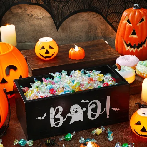 Miniatura 3 de Sintuff Cuenco de madera para dulces de Halloween, divertido plato de dulces para dulce o truco, soporte grande para servir de Halloween, cuenco