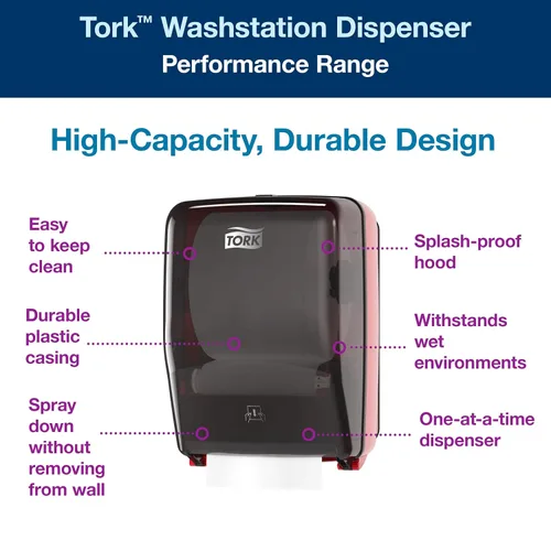 Miniatura 2 de Tork Dispensador de toallas de papel montado en la pared Washstation Negro/Rojo W6, resistente al agua, rango de rendimiento, 651220