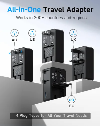 Miniatura 2 de Mini adaptador de viaje, diseño ultrafino 2026: adaptador de corriente PD de 25 W de 4 puertos con 1 CA, 1 USB-A y 2 puertos USB-C, control