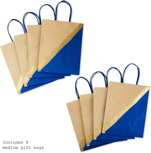 Miniatura 5 de Hallmark Bolsas de regalo de papel medianas de 9 pulgadas (paquete de 8 – azul y kraft) para Hanukkah, cumpleaños, bodas, día del padre