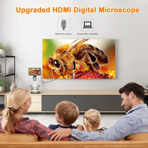 Miniatura 2 de Microscopio digital HDMI de 7 pulgadas, microscopio de moneda 1200X con pantalla IPS, microscopio de soldadura de 16MP con luces, soporte largo