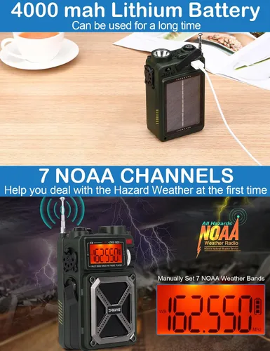 Miniatura 3 de ZHIWHIS Radio de onda corta con Bluetooth, radios de emergencia meteorológica AM/FM/SW/NOAA, manivela/solar/4000mAh/SOS/ruido