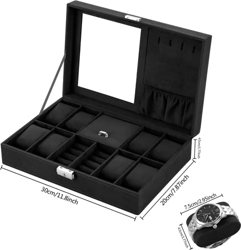 Miniatura 7 de Oyydecor Joyero organizador de caja de reloj con 8 ranuras para almacenamiento de relojes, estuche organizador de joyas con espejo (negro)