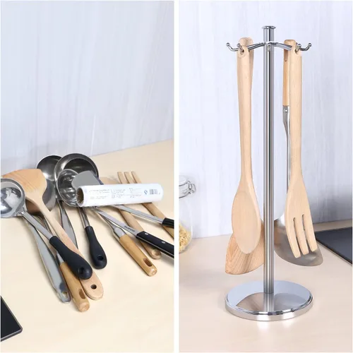 Miniatura 3 de Soporte para utensilios de cocina de acero inoxidable giratorio con 8 ganchos giratorios, organizador colgante para cuchara, espátula, cucharón