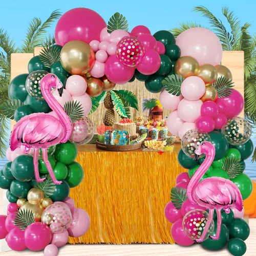 Miniatura 5 de Kit de Guirnalda de Arco de Globos de Flamenco Tropical de 156 Piezas, Globos de Lámina de Flamenco con Confeti Rosa Fuerte Verde Oscuro Rosa Claro