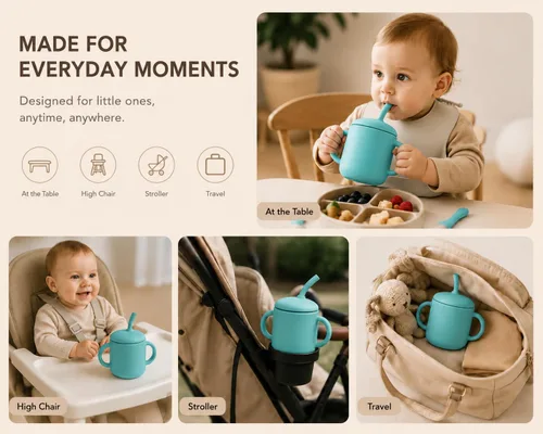 Miniatura 7 de Vaso de silicona con popote para bebés de 6 meses en adelante, 6 onzas, libre de BPA, taza de entrenamiento de silicona de grado alimenticio