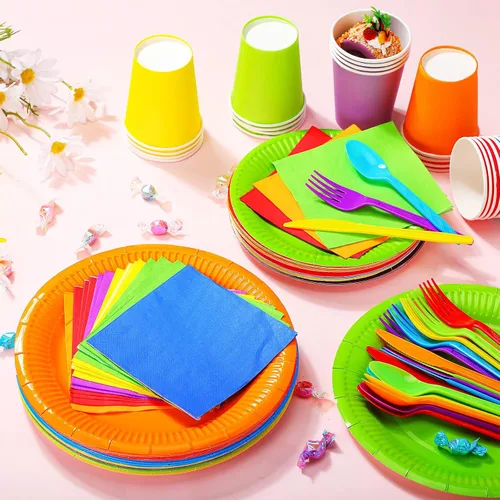 Miniatura 3 de Jinei Juego de 168 piezas de vajilla de fiesta arcoíris de 7 y 9 pulgadas, platos y servilletas desechables de papel coloridos y tazas, tenedores