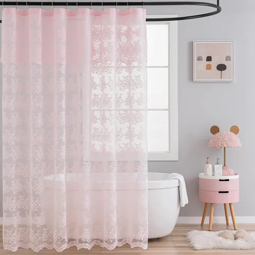 TUDECO Cortina de ducha rosa – Cortina de ducha de encaje chic con cenefa de fijación, decoración estética floral coqueta vintage transparente,