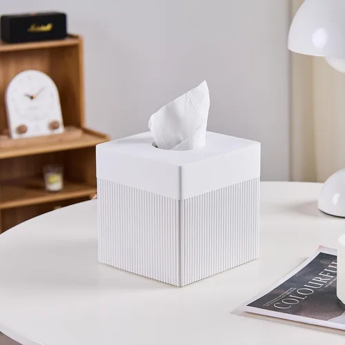 Miniatura 8 de Caja de pañuelos blanca cuadrada de resina para decoración del hogar, soporte de caja de pañuelos de cubo de mármol acanalado vertido a mano – Caja