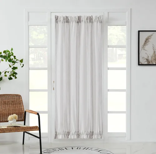 Miniatura 21 de Central Park Cortinas Transparentes de Rayas Beige y Blancas Estilo Granja de Lino Bouclé, Pares de Paneles de Cortina de Ventana Tejidos con Hilo