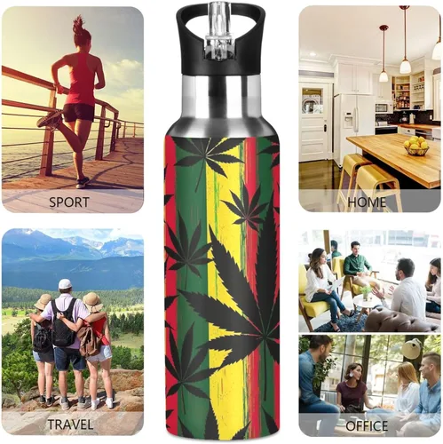 Miniatura 5 de BPA-Free Sports Water Bottle with Straw 20 Oz, Stainless Steel Water Bottle for Gym Outdoor Travel School, Black Leaves Colorful Stripes
