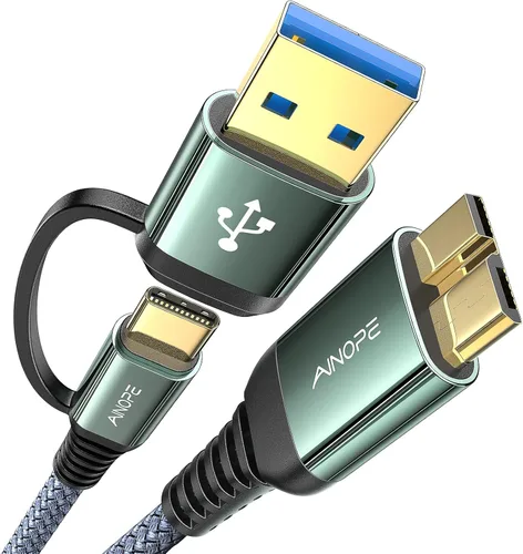 AINOPE Cable de disco duro, cable de disco duro externo trenzado de nailon resistente de 10 Gbps Micro B a USB A/C compatible con Seagate WD,