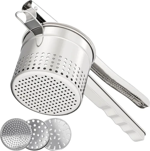 GloTika Ricer de papas grande de 15 onzas con 3 discos intercambiables, triturador de papas de acero inoxidable resistente con mango ergonómico,
