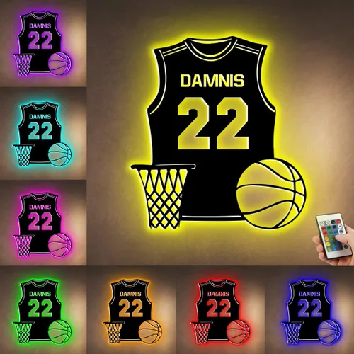 Letrero LED de camiseta de baloncesto personalizado, letrero luminoso de 16 colores, lámpara de decoración de pared de metal para dormitorio,