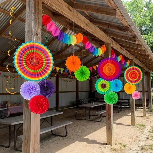 Miniatura 9 de Juego de 35 piezas de decoración para fiesta con abanicos de papel - Pom Poms del Cinco de Mayo, banderines, guirnaldas, pancartas, remolinos