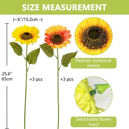 Miniatura 4 de 8 girasoles artificiales grandes de 6 pulgadas, flores artificiales de tallo largo de 25.6 pulgadas de alto, girasoles gigantes de seda con tallo