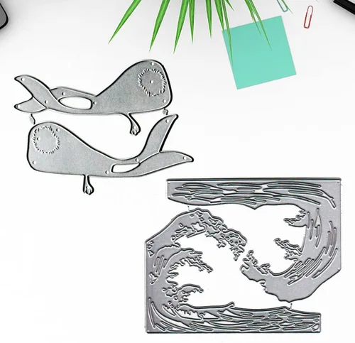 Miniatura 3 de Troqueles de fondo de olas de metal para hacer tarjetas, troqueles de corte de ballena de pescado para decoración de bricolaje, papel artesanal