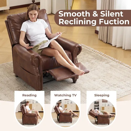 Miniatura 4 de Sillón reclinable con masaje y calefacción, silla reclinable de cuero transpirable con respaldo sobrerelleno y decoración de remaches, sofá Marrón