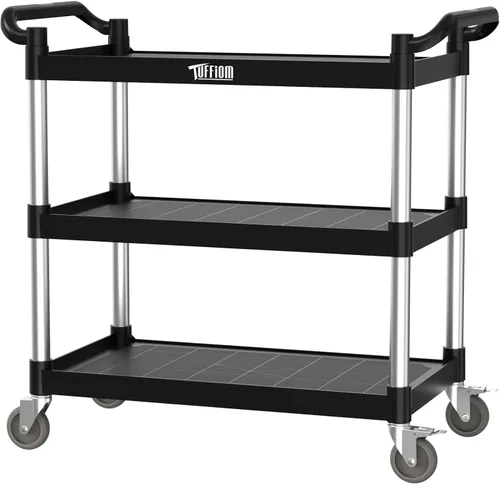 Miniatura 9 de TUFFIOM Carrito de servicio de plástico con ruedas, resistente capacidad de 450 libras, enrollado comercial de 3 niveles, ideal para restaurante