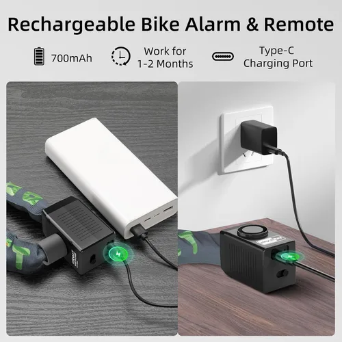 Miniatura 3 de Candado de cadena para bicicleta con alarma E Scooter Lock alarma antirrobo 110dB 4ft seguridad resistente con cable USB C y 3 llaves para Verde
