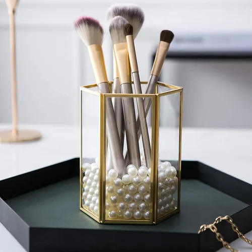 Miniatura 9 de Glass Makeup Brush Holder Organizer with Desktop Storage Cup for Vanity, Cosmetic Brush Organizer with Pearls Gold Brass Accent, Suitable for Makeup