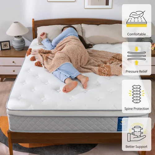 Miniatura 8 de Colchón tamaño individual, colchón mediano de 12 pulgadas en una caja, espuma viscoelástica de gel de enfriamiento híbrido y cama de resortes