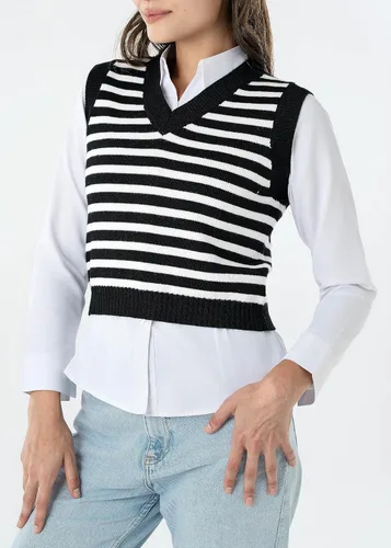 Miniatura 3 de Chaleco de suéter para mujer, a rayas, con cuello en V, sin mangas, recortado, estilo preppy, chaleco de punto