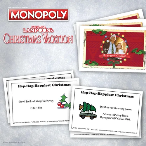 Miniatura 9 de Monopoly Vacaciones de Navidad de National Lampoons, con fichas temáticas de ardilla, taza de ponche de huevo, motosierra y más, 2-6 jugadores