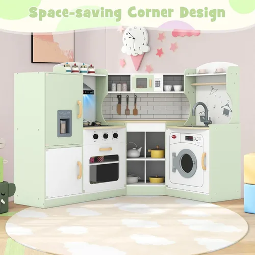 Miniatura 4 de Costzon Juego de cocina esquinera para niños, cocina de madera con sonidos y luces, lavadora, campana extractora, máquina de hielo, microondas, Verde