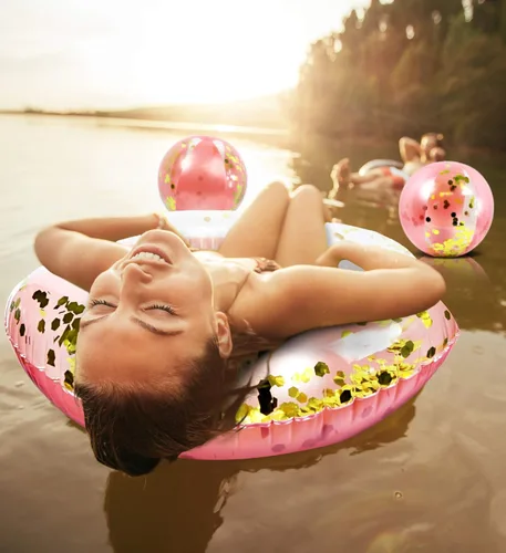 Miniatura 4 de Mozlly Paquete de pelotas de playa inflables de oro rosa y tubo de flotador de piscina, flotador de piscina y bola de playa con purpurina