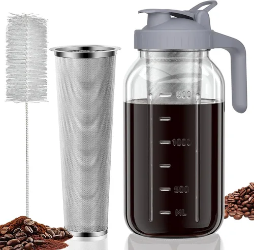 Miniatura 12 de JunVpic Tarro para cafetera fría – Tapa multiusos de vidrio grueso de 64 onzas con asa y filtro de acero inoxidable para café helado, limonada, té