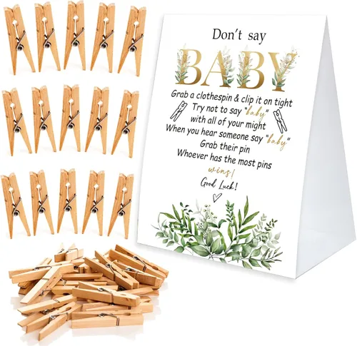 Miniatura 13 de Juego de pinzas para la ropa de baby shower, un cartel de papel recubierto de 5 x 7 pulgadas y 50 pinzas naturales para la ropa, baby shower