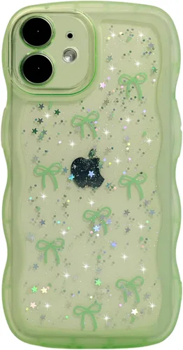 Miniatura 102 de Qokey Funda para iPhone 12 Pro Max de 6.7 pulgadas, diseño de onda rizada, borde transparente, brillante con purpurina, estrella brillante, bonita