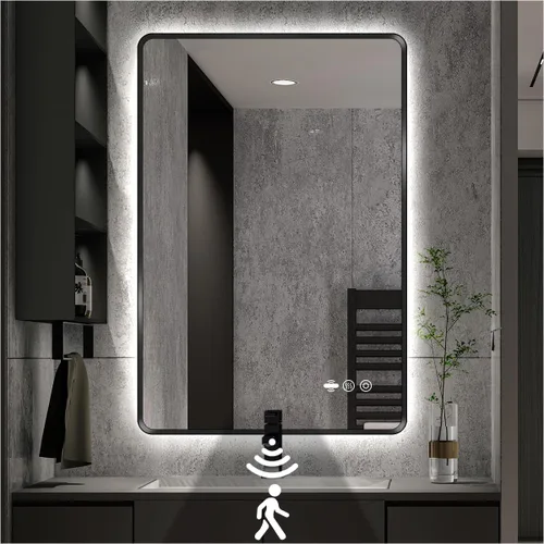 Miniatura 21 de Espejo LED Negro para Baño, 32"x24" Espejo de Baño Inteligente con Luces, Sensor de Movimiento, Antivaho, Regulable Sin Escalones y 3