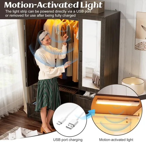 Miniatura 5 de PAKASEPT Armario Armario con puerta corrediza plegable de granero, Armario para dormitorio con espejo y luces LED, barra para colgar, Armario