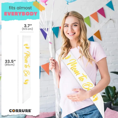 Miniatura 4 de CORRURE Banda para baby shower para niño o niña, banda con la frase "Mom to Be" con hermosa cinta blanca y texto dorado - Ideal para revelación
