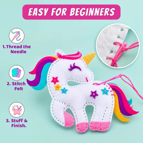 Miniatura 4 de Kit de Costura de Unicornio Mágico para Niñas de 7+ - Crea 5 Adorables Animales de Fieltro y una Almohada Acogedora - Manualidades DIY Divertidas