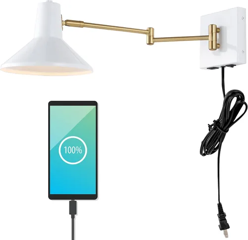 JONATHAN Y JYL1302A - Lámpara moderna de brazo oscilante de 16 pulgadas color blanco/latón dorado con puerto USB, lámpara de noche LED de mediados