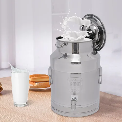 Miniatura 8 de Cubo de acero inoxidable de 28 litros y 7.4 galones para leche y vino con tapa sellada, resistente (28L)