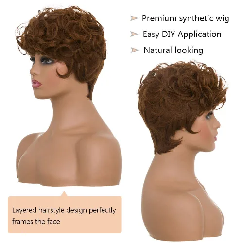Miniatura 4 de MOONSHOW - Pelucas cortas de corte Pixie para mujeres negras, peluca de corte Pixie marrón Short Pixie Wigs for Black Women Natural Layered Short