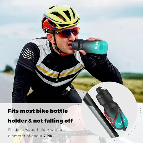 Miniatura 5 de QuiFit Paquete de 2 botellas de agua comprimibles para bicicleta de montaña, a prueba de fugas, con cubierta antipolvo, sin BPA, se adapta a