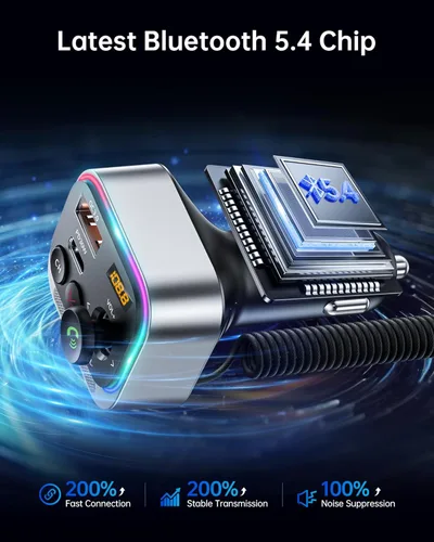 Miniatura 2 de Syncwire Transmisor FM Bluetooth 5.4 Adaptador de coche 66 W PD y QC 3.0 de carga rápida con cable USB-C, adaptador de radio inalámbrico con control