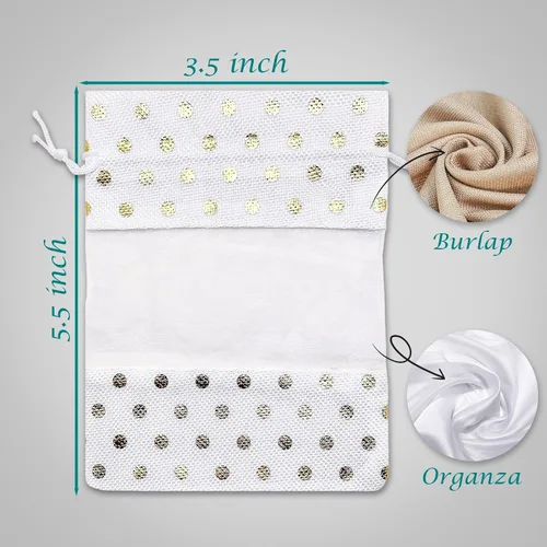 Miniatura 3 de Paquete de 12 bolsas de regalo pequeñas de lino, arpillera y organza con cordones (3.5 x 5.5 pulgadas, lunares blancos/dorados) - Recuerdos
