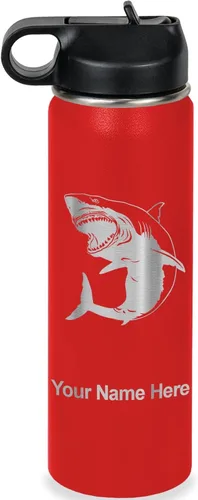 Miniatura 34 de LaserGram Botella de agua personalizada, gran tiburón blanco, acero inoxidable de doble pared aislada al vacío con popote superior, regalo grabado