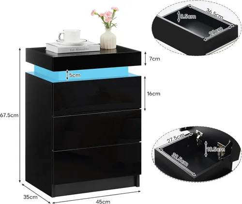 Miniatura 3 de TUKAILAi Mesita de noche con luz LED, moderna mesita de noche negra con tapa abatible, mesita de noche pequeña con 3 cajones de madera, mesa