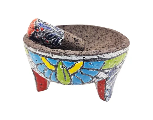 Molcajete de México - Mortero y mortero de roca de lava (8 pulgadas de largo x 8 pulgadas de ancho x 4.5 pulgadas de alto) pintado a mano - Colores